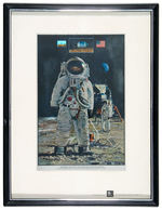 FIRST MOON LANDING TRIO- COMMEMORATIVE PLAQUE PAIR AND FRAMED PRINT.