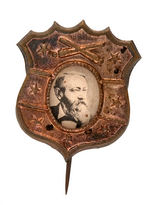 BENJAMIN HARRISON CARDBOARD REAL PHOTO IN ORNATE BRASS SHELL SHIELD STICKPIN.