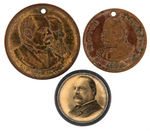 CLEVELAND PAIR OF 1888 CAMPAIGN TOKENS AND 1892 CELLULOID LAPEL STUD.