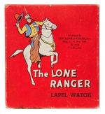 "THE LONE RANGER LAPEL WATCH" RARE FIRST VERSION BOXED WITH GUN HOLSTER FOB.