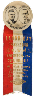 UNITED MINE WORKERS RARE JUGATE WITH 1915 RIBBON.