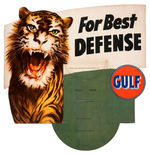 “GULF” OIL CAN DIE-CUT COUNTER TOP DISPLAY CIRCUS THEME SIGN PAIR.