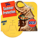 “GULF” OIL CAN DIE-CUT COUNTER TOP DISPLAY CIRCUS THEME SIGN PAIR.