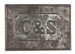 CLEVELAND & STEVENSON LARGE EMBOSSED TIN BELT BUCKLE.