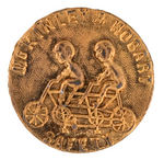 RARE FULL FIGURE JUGATE OF "McKINLEY & HOBART" RIDING TWO-MAN "SAFETY" BICYCLE.