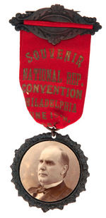 RARE McKINLEY CELLO ON 1900 NATIONAL CONVENTION RIBBON BADGE.