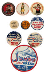 NINE FLOUR, BREAD AND BAKING PRODUCT BUTTONS PLATE EXAMPLES FROM COLLECTIBLE PIN-BACK BUTTONS.