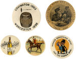 FIVE EARLY ALCOHOLIC DRINK BUTTONS USED FOR COLLECTIBLE PIN-BACK BUTTON PHOTOS.