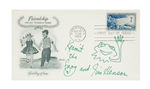JIM HENSON SIGNED FIRST DAY COVER WITH KERMIT THE FROG SKETCH.