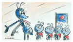 A BUG'S LIFE STORYBOARD FEATURING FLIK AND YOUNG ANTS.