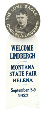 "THE LONE EAGLE" LINDBERGH BUTTON WITH CELLULOID FOR MONTANA VISIT.