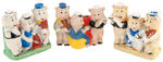 "THREE LITTLE PIGS" BISQUE TOOTHBRUSH HOLDER SET.