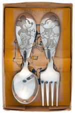 MICKEY & MINNIE SILVER PLATE BOXED UTENSIL SET AND CUP.