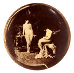 REAL PHOTO BUTTON OF TWO NUDE WOMEN, ONE HOLDING CAT.