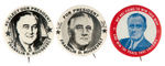 FDR CELLULOID BUTTONS INCLUDING BIRTHDAY BALL, WWII, MEMORIAL, BOOK AD.