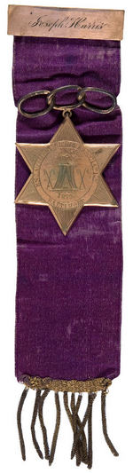 VERY EARLY ODD FELLOWS RIBBON BADGE WITH ENGRAVED NAME AND STAR.