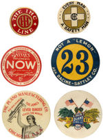 SIX FARM EQUIPMENT BUTTONS USED AS PHOTO EXAMPLES IN COLLECTIBLE PIN-BACK BUTTONS.