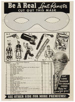 "LONE RANGER ICE CREAM CONES" PREMIUM SHEET WITH CUT-OUT MASK.