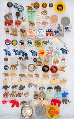 103 ELEPHANTS AND 1 JACKASS BUTTONS, PINS, CHARMS ETC.