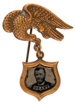 "GRANT" FERROTYPE PORTRAIT IN SHIELD SUSPENDED FROM BRASS SHELL EAGLE STICKPIN.