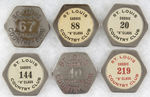 “ST. LOUIS COUNTRY CLUB” SIX LARGE EARLY AND VERY HEAVY CADDIE BADGES.