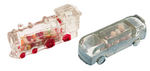 TANK/FIRE ENGINE/LOCOMOTIVE/BUS GLASS CANDY CONTAINER QUARTET.