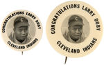 “CONGRATULATIONS LARRY DOBY CLEVELAND INDIANS” COLOR BARRIER BREAKING PAIR OF BUTTONS.