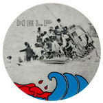 "HELP" BUTTON PICTURING ASIAN BOAT PEOPLE CROWDED ONTO A RAFT.