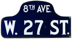 NEW YORK CITY “8th AVE. W. 27 ST.” EARLY PORCELAIN STREET SIGN.