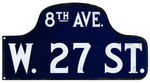 NEW YORK CITY “8th AVE. W. 27 ST.” EARLY PORCELAIN STREET SIGN.