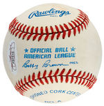 BASEBALL'S 500 HOME RUN CLUB SIGNED BASEBALL TRIO WITH HANK AARON, REGGIE JACKSON & MIKE SCHMIDT.