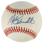 BASEBALL'S 500 HOME RUN CLUB SIGNED BASEBALL TRIO WITH HANK AARON, REGGIE JACKSON & MIKE SCHMIDT.