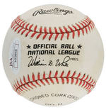 BASEBALL'S 500 HOME RUN CLUB SIGNED BASEBALL TRIO WITH HANK AARON, REGGIE JACKSON & MIKE SCHMIDT.