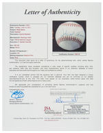 BASEBALL'S 500 HOME RUN CLUB SIGNED BASEBALL TRIO WITH HANK AARON, REGGIE JACKSON & MIKE SCHMIDT.