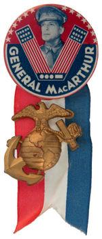 "GENERAL MacARTHUR" LARGE VICTORY BUTTON WITH SUSPENDED MARINE CORP EMBLEM PLUS SECOND BUTTON.