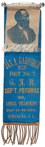 "JAS. A. GARFIELD" RIBBON FOR 1892 NATIONAL ENCAMPMENT IN WASHINGTON.