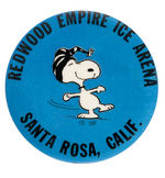 BUTTON PICTURING SNOOPY SKATING PROMOTING SCHULZ'S ICE ARENA.