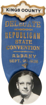 EXCEPTIONAL LANDON NEW YORK STATE CONVENTION RIBBON BADGE WITH REAL PHOTO BUTTON.