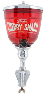 “FOWLER’S CHERRY SMASH” GLASS SYRUP DISPENSER WITH ORIGINAL COUNTER MOUNT.