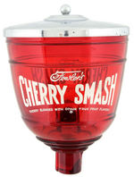 “FOWLER’S CHERRY SMASH” GLASS SYRUP DISPENSER WITH ORIGINAL COUNTER MOUNT.