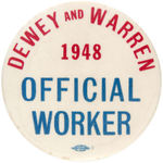 "DEWEY AND WARREN 1948 OFFICIAL WORKER" BUTTON UNLISTED IN HAKE.