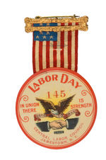 RIBBON BADGE SUSPENDING "LABOR DAY" POCKET MIRROR.