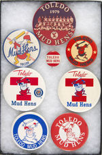 TOLEDO MUD HENS EIGHT BUTTONS FROM THE PAUL MUCHINSKY COLLECTION.