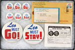 LEO DUROCHER “STAY!” OR “GO!” GROUP OF EIGHT BUTTONS, MAILING ENVELOPE AND COUPON.