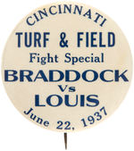 “BRADDOCK VS. LOUIS” LARGE AND RARE BUTTON FROM JUNE 22, 1937 BOXING MATCH.