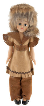 "DAVY CROCKETT" BOXED DOLL WITH "DAVY CROCKETT INDIAN FIGHTER" BUTTON.