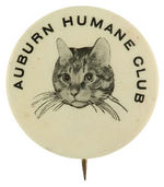 LONG WHISKERED CAT PICTURED ON "AUBURN HUMANE CLUB" EARLY BUTTON.