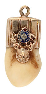 ELKS FRATERNAL WATCH CHAIN CHARMS OF ELK'S TEETH IN GOLD MOUNTS.