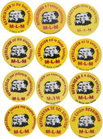 REVOLUTIONARY COMMUNIST PARTY 12 FUND RAISER BUTTONS WITH MARX, LENIN, MAO TRIGATE.