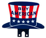 "BUY AMERICAN" UNCLE SAM TOP HAT PORCELAIN ON STEEL CAR LICENSE ATTACHMENT.